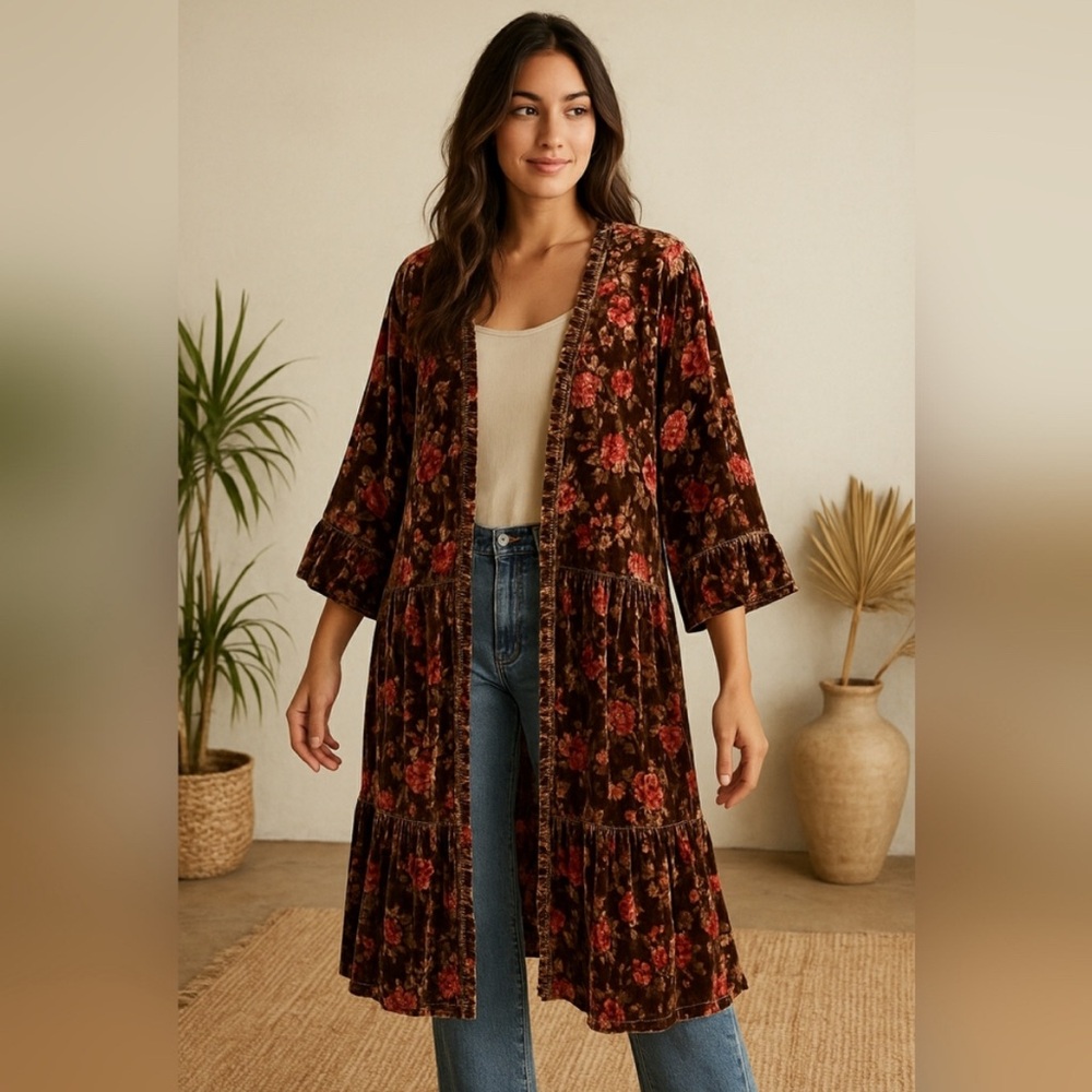 Easel Brown Floral Velour Boho Gypsy Kimono Cardigan Duster Medium